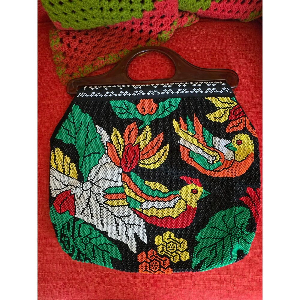 Vintage 1970s beaded Cluch Tropical Birds